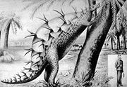 Early reconstruction of Stegosaurus with plates lying flat along the back and tail spikes evenly distributed all over the body.
