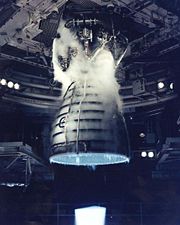 A remote camera captures a close-up view of a Space Shuttle Main Engine during a test firing at the John C. Stennis Space Center in Hancock County, Mississippi