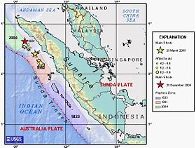 USGS image depicting earthquake zones for the Sunda Trench - damage zones for 1833 and 1861, then 26 December 2004 Indian Ocean earthquake, and 28 March 2005 Sumatran earthquake.