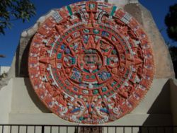 Aztec Stone of the Sun replica in El Paso, Texas, cast from the original to be found in Mexico's National Museum of Anthropology. A religious artefact showing how the Mexica people thought about time.