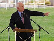 Speaking in Albuquerque, New Mexico on Memorial Day, 2008, wearing his purple heart