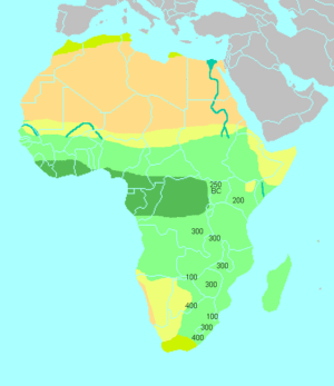 Simplified climatic map of Africa: Sub-Saharan Africa consists of the arid Sahel and the Horn of Africa in the north (yellow), the tropical savannas (light green) and the tropical rainforests (dark green) of Equatorial Africa, and the arid Kalahari Basin (yellow) and the "mediterranean" south coast (olive) of Southern Africa. The numbers shown correspond to the dates of iron artefacts associated with the Bantu expansion.