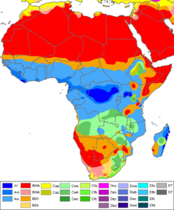 Climate zones of Africa, showing the ecological break between the desert climate of the Sahara and the Horn of Africa (red), the semi-arid  Sahel (orange) and the tropical climate of Central and Western Africa (blue). Southern Africa has a transition to semi-tropical or temperate climates (green), and more desert or semi-arid regions, centered on Namibia and Botswana.