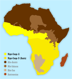 Linguistically, sub-Saharan Africa is dominated by the Niger-Congo phylum (distribution shown in yellow), with pockets of Khoi-San in Southern Africa, Nilo-Saharan in Central and East Africa, and Afro-Asiatic in the Horn of Africa