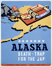 Poster for Thirteenth Naval District, United States Navy, showing a rat representing Japan, approaching a mousetrap labeled "Army Navy Civilian," on a background map of the state of Alaska.