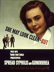 A series of American propaganda posters during World War II appealed to servicemen's patriotism to protect themselves from venereal disease. The text at the bottom of the poster reads, "You can't beat the Axis if you get VD".