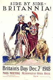 Britannia arm-in-arm with Uncle Sam symbolizes the British-American alliance in World War I.