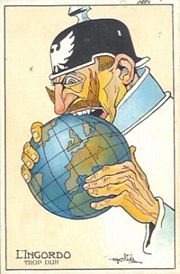 French Propaganda Postcard from World War I era showing a caricature of Kaiser Wilhelm II biting the world