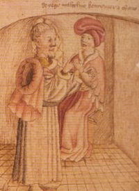 Late medieval depiction of Máel Coluim III with MacDuib ("MacDuff"), from an MS (Corpus Christi MS 171) of Walter Bower's Scotichronicon.