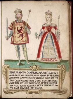 Máel Coluim and Margaret as depicted in a 16th century armorial. Note the coats of arms both bear on their clothing - Malcolm wears the Lion of Scotland, which historically was not used until the time of his great-grandson William the Lion; Margaret wears the supposed arms of Edward the Confessor, her grand-uncle, although the arms were in fact concocted in the later Middle Ages.