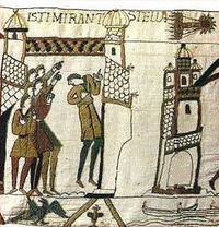 Comet Halley depicted on the Bayeux Tapestry which shows King Harold I being told of Halley's Comet before the Battle of Hastings in 1066.