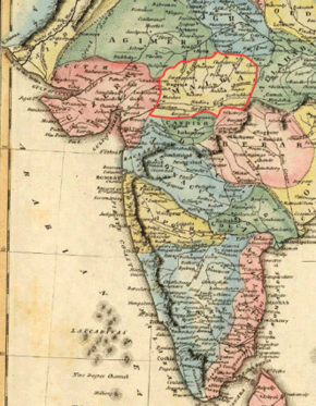 Malwa (highlighted) as per 1823 dipiction of India by Fielding Lucas Jr..