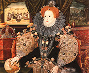 Portrait of Elizabeth to commemorate the defeat of the Spanish Armada (1588), depicted in the background. Elizabeth's hand rests on the globe, symbolising her international power.