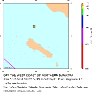 Epicentre of the earthquake, just north of Simeulue Island