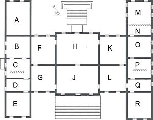 Belton House first floor plan. Key: A: Upper storey of kitchen, (now Hondecoeter Room); B: Service room (now Breakfast Room); C: Back stairs and East Entrance; D: Closet; E:School Room; F:Withdrawing room (now Red Drawing Room; G:Little Parlour (now Tapestry Room); H:Great Parlour (now Saloon); J: Marble Hall; K: Withdrawing Room (now Tyrconnel Room); L: Great Staircase; M: Upper storey of chapel; N: Gallery of private pew overlooking chapel; O: Ante Room (now Chapel Drawing Room);P: Back stairs & east Entrance; Q: Sweetmeat closet; R Bed chamber (now Blue Room). Please note: This is an unscaled plan for illustrative purposes only.