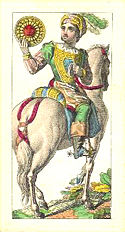 Example of a knight of money, cavallo di denari (horse of coins). From the Carte Piacentine.