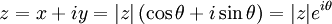 
z = x + iy = |z|\left(\cos\theta + i\sin\theta\right) = |z|e^{i\theta}\,
