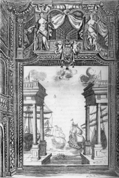 The sumptuously decorated Dorset Gardens playhouse in 1673, with one of the sets for Elkannah Settle's The Empress of Morocco. The apron stage at the front which allowed intimate audience contact is not  visible in the picture (the artist is standing on it).