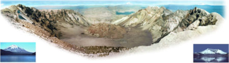 Mount St. Helens from Monitor Ridge showing the cone of devastation, the huge crater open to the north, the post-eruption lava dome inside and Crater Glacier surrounding the lava dome. The small photo on the left was taken from Spirit Lake before the eruption and the small photo on the right was taken after the eruption from approximately the same place. Spirit Lake can also be seen in the larger image, as well as two other Cascade volcanoes.