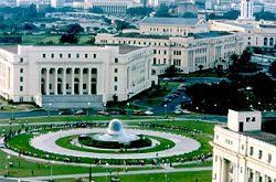 The former Agriculture and Finance Buildings and the Agrifina Circle in Rizal Park. The buildings date to the American colonial period.