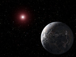 Artist's impression of the  planet OGLE-2005-BLG-390Lb (with surface temperature of approximately −220 °C), orbiting its star 20,000 light years (117.5 quadrillion miles) from Earth; this planet was discovered with gravitational microlensing.