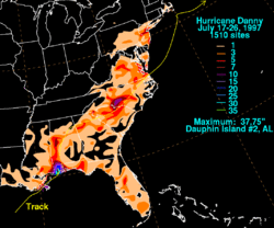 Rainfall totals from Hurricane Danny