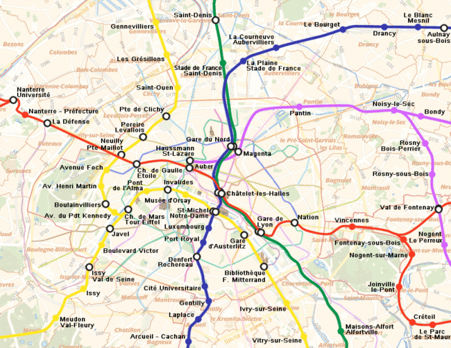 Central network of the RER at a geographically accurate scale