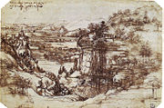 Leonardo's earliest known drawing, the Arno Valley, (1473) - Uffizi