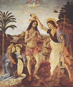 The Baptism of Christ (1472–1475)—Uffizi, by Verrocchio and Leonardo