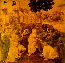 The Adoration of the Magi, (1481)—Uffizi, Florence, Italy. This important commission was interrupted when Leonardo went to Milan.