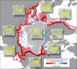 This map from the U.S. Geological Survey shows projected changes in polar bear habitat from 2001–2010 to 2041–2050. Red areas indicate loss of optimal polar bear habitat; blue areas indicate gain.