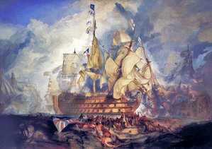 The Battle of Trafalgar by J. M. W. Turner (oil on canvas, 1822–1824) shows the last three letters of this famous signal flying from the Victory.