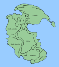 Pangaea, the most recent supercontinent, existed from 300 to 180 million years ago. The outlines of the modern continents and other land masses are indicated on this map.