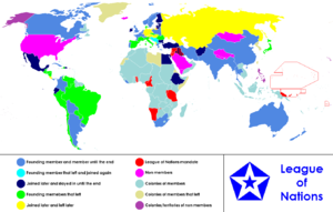 An anachronous map of the world in the years 1920–1945, which shows the League of Nations and the world.