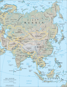 Physical map of Asia (excluding Southwest Asia).