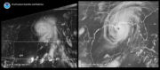 Side-by-side comparison of Hurricane Camille (left) and 2005's Hurricane Katrina, with wider eyewall and outer-band tornadoes in Georgia (click on image to enlarge).