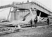 The collapsed Silver Bridge, as seen from the Ohio side