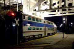 A Music City Star commuter train beneath the Shelby Street Bridge