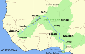 Map of Niger River with Niger River basin in green