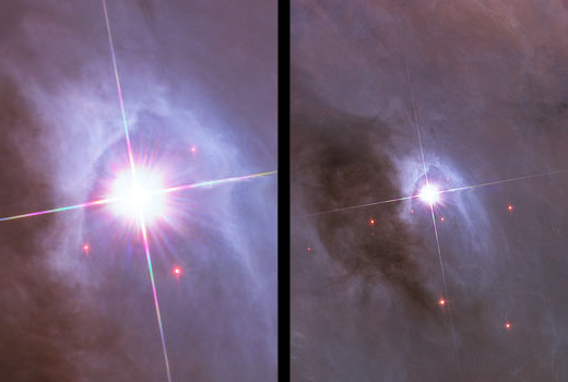 A comparision of the two images with Image:Orion Nebula - Hubble 2006 mosaic 18000.jpg on the left and Image:Orion Nebula - Hubble 2006 mosaic.jpg on the right. Courtesy of NASA/ESA