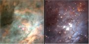 Optical images reveal clouds of gas and dust in the Orion Nebula; an infrared image (right) reveals the new stars shining within. Credit: C. R. O'Dell-Vanderbilt University, NASA, and ESA.