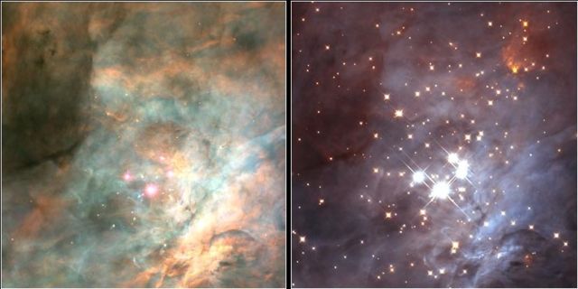Image:Trapezium cluster optical and infrared comparison.jpg
