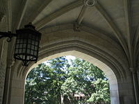 Many campus buildings have neo-Gothic archways and lanterns.  Seen here is Blair Arch, the largest and most famous archway on campus.