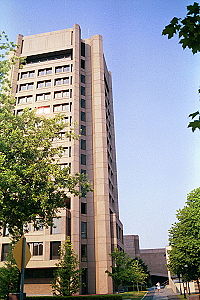 Fine Hall, the home of the Department of Mathematics. It is the tallest building on campus, although its height above sea level is not higher than the University Chapel, significantly uphill from Fine.