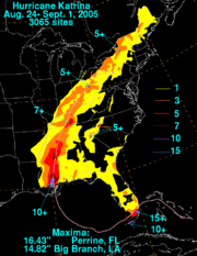 Total rainfall from Katrina in the United States. Data for the New Orleans area are not available.