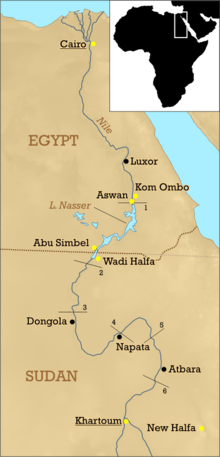 Before the construction of the Aswan Dam, the Nobiin people lived mainly between the first and the third cataracts along the shores of the Nile. Yellow dots show places where communities of Nobiin speakers are found today.