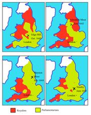 Maps of territory held by Royalists (red) and Parliamentarians (green) during the English Civil War (1642–1645).