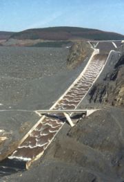 Spillway on Llyn Brianne dam, Wales soon after first fill.