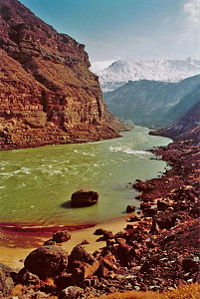 The Yellow River, near Xunhua, in Eastern Qinghai. Note the yellowish water, caused by loess.