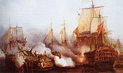 The British Temeraire and French ships Redoutable and Bucentaure at the Battle of Trafalgar